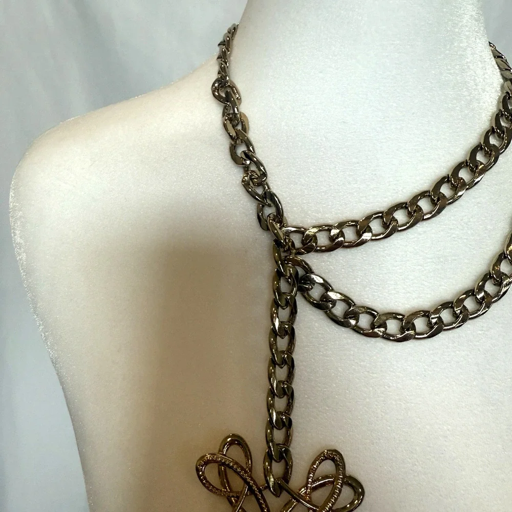 Vintage SHB Shofel Bros Necklace Statement Gold Tone Double Chain Celtic Knot 19